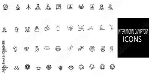 Set of 40 outline Yoga icons.International day of yoga line icons set.include massage, yoga, spa, relaxation, health, exercise, diet, wellbeing.Vector illustration.