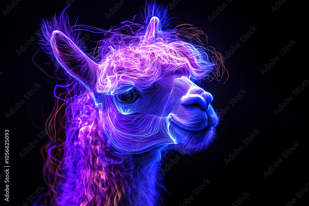 A digital art piece depicting an alpaca comprised of glowing purple and blue neon streaks set against a black backdrop --ar 3:2 --s 50 A digital art piece depicting an alpaca comprised of glowing purple and blue neon streaks set against a black backdrop --ar 3:2 --s 50