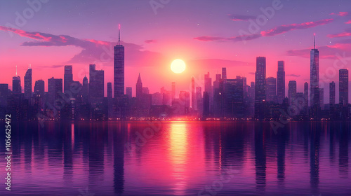 Cityscape Sunset Illustration with Pink Sky and Water Reflection