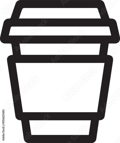 A vector illustration of a black coffee cup line icon with a white background. The coffee cup is a disposable paper cup with a plastic lid.