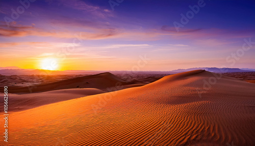 An expansive desert with rolling sand dunes under a stunning orange and purple sunset, showcasing the beauty of nature's vastness.