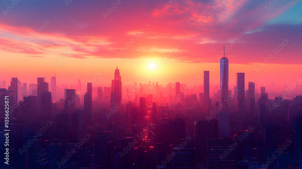 Cityscape Illustration - Sunrise Over Skyline Cityscape Illustration - Sunrise Over Skyline