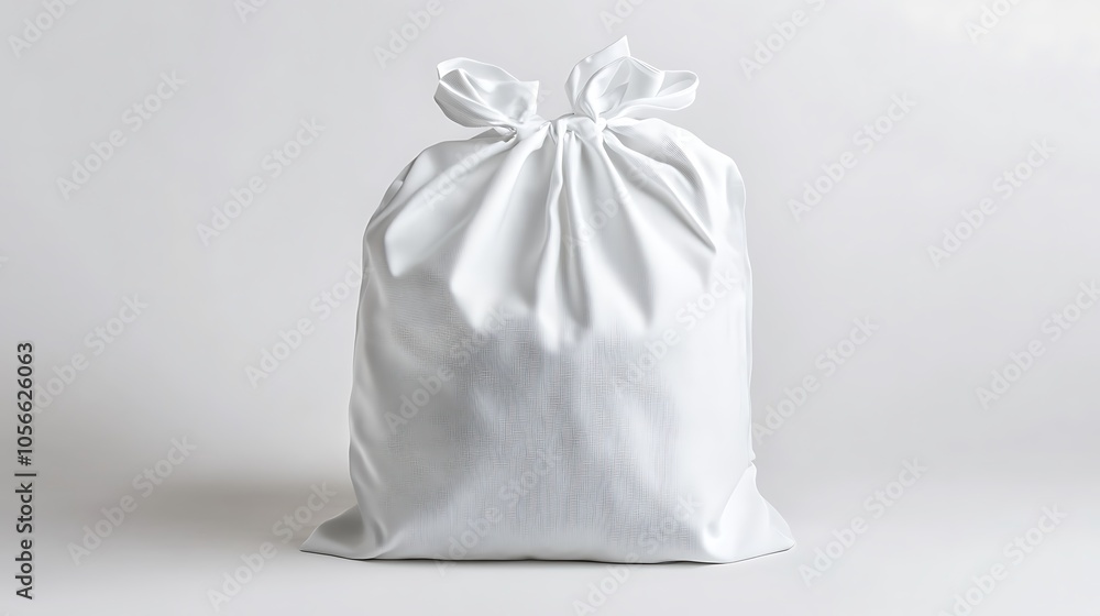 A large, white drawstring bag sits on a plain white surface. A large, white drawstring bag sits on a plain white surface.