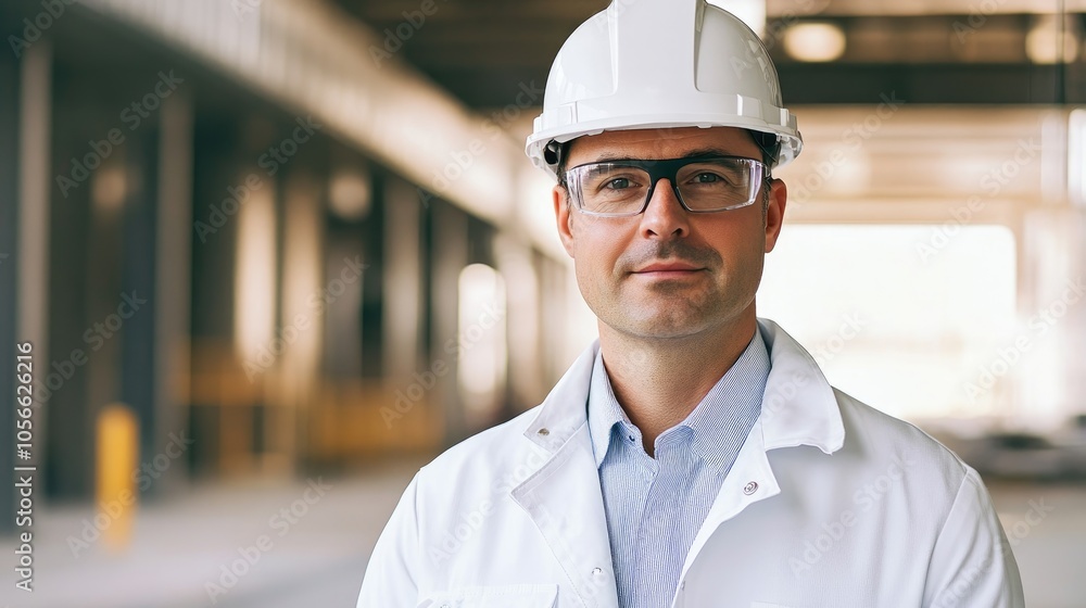 Man in a white business shirt and coat wearing a white safety helmet and glasses captured in a frontal view at eye level with a subtle smile and normal skin tone Man in a white business shirt and coat wearing a white safety helmet and glasses captured in a frontal view at eye level with a subtle smile and normal skin tone