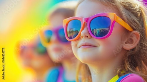 Children wearing colorful sunglasses against a vivid blurred backdrop