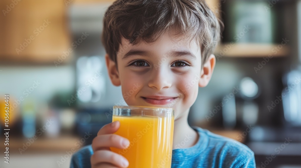 Cheerful boy enjoying a glass of orange juice in a kitchen setting Cheerful boy enjoying a glass of orange juice in a kitchen setting
