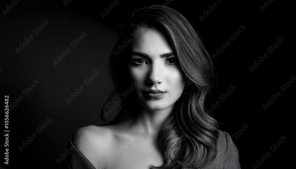 A black and white portrait of a woman with a dark background, highlighting shadow play and soft lighting for a cinematic effect. A black and white portrait of a woman with a dark background, highlighting shadow play and soft lighting for a cinematic effect.