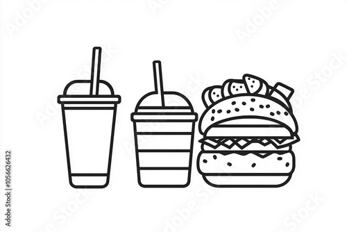 

Hand Drawn Burger available Detailed line art illustration of BurgerFast Food. Useful for branding, menus, food packaging, logos white background photo