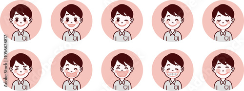 学生・男子高生の表情アイコンセット（笑顔）