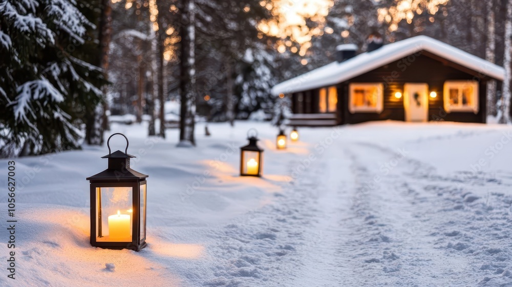 Snowcovered lanterns lining a pathway leading to a festively decorated cabin, cold winter glow Snowcovered lanterns lining a pathway leading to a festively decorated cabin, cold winter glow