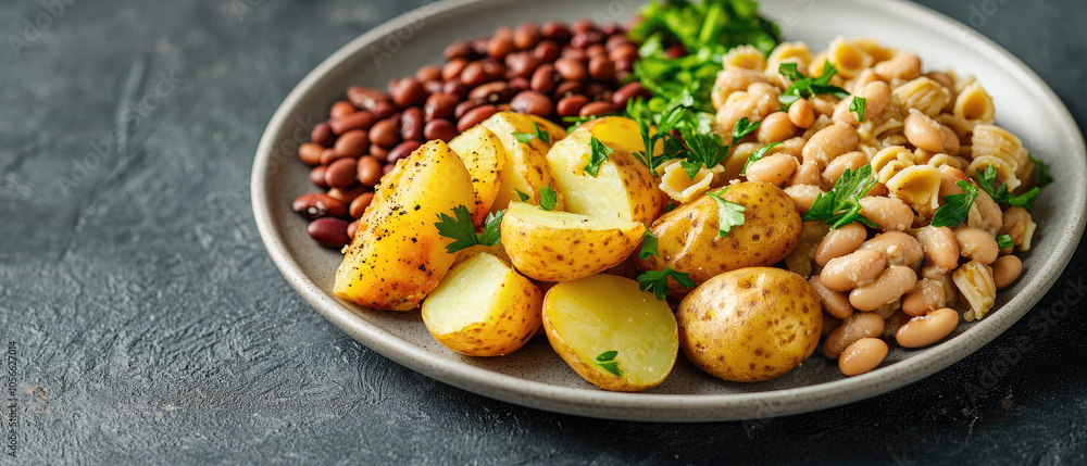 A nutritious plate of potatoes, beans, and greens, showcasing healthy eating on a rustic table. A nutritious plate of potatoes, beans, and greens, showcasing healthy eating on a rustic table.