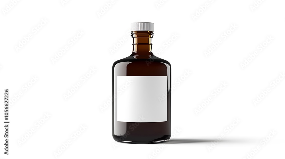 A brown glass bottle with a black cap and a blank white label. A brown glass bottle with a black cap and a blank white label.