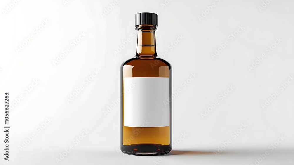 A brown glass bottle with a black cap and a blank white label. A brown glass bottle with a black cap and a blank white label.