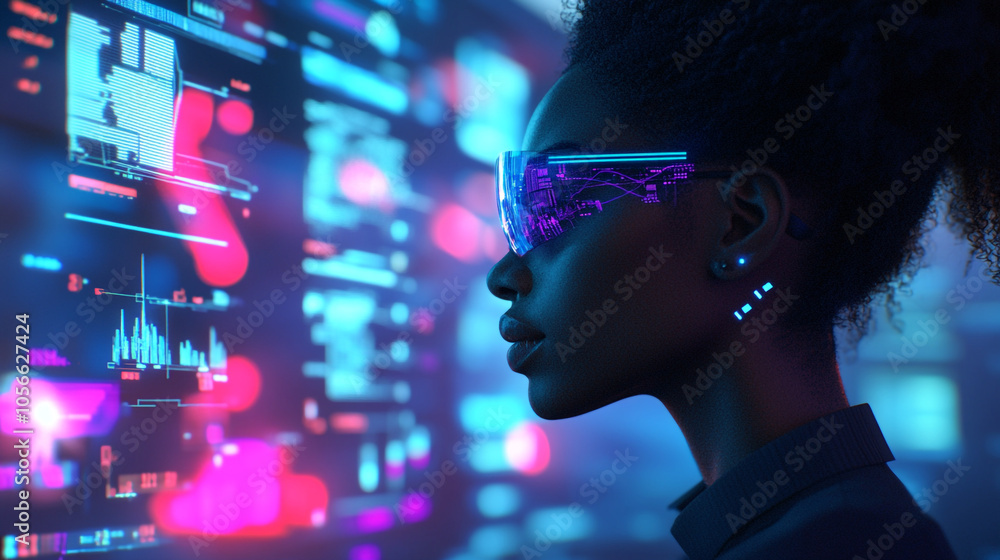 A woman in futuristic glasses interacts with digital data in a high-tech environment at night A woman in futuristic glasses interacts with digital data in a high-tech environment at night