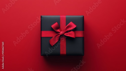 A black box with a red bow on top of a red background