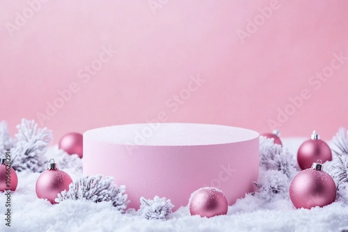 Pink round podium or stage for product display in snow with pink baubles for Christmas or winter season