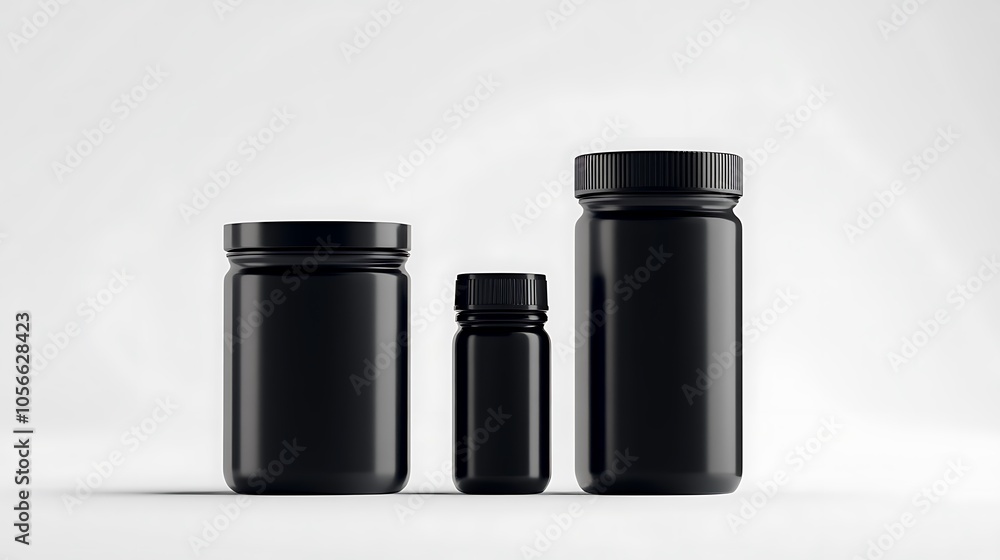 Black cylindrical containers of different sizes on white surface Black cylindrical containers of different sizes on white surface