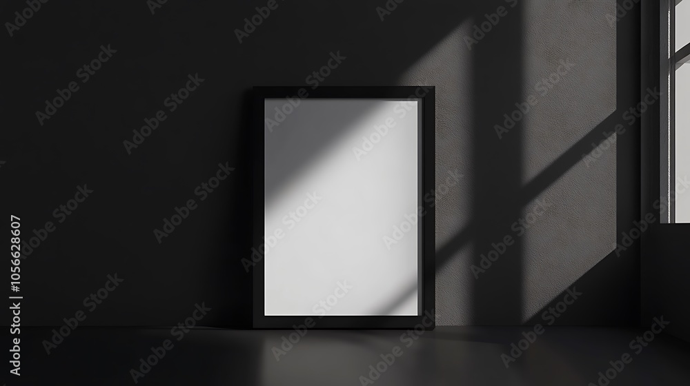 A dark room with a large black picture on a wall, and a wooden bench.
A dark room with a large black picture on a wall, and a wooden bench.