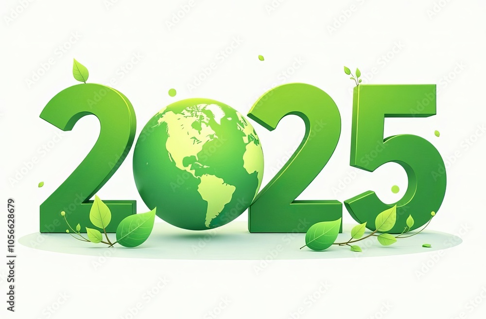 Bright green numbers 2025 with a globe and leaves, symbolizing ecology and sustainability, on a white background. Bright green numbers 2025 with a globe and leaves, symbolizing ecology and sustainability, on a white background.