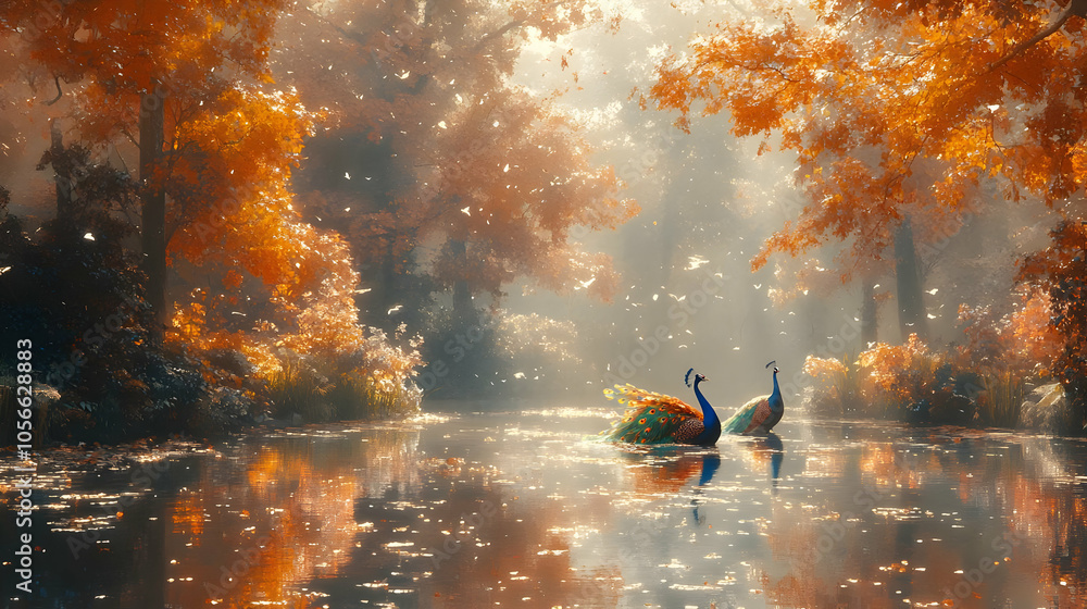 Obraz premium Autumn Forest Pond with Two Peacocks Illustration