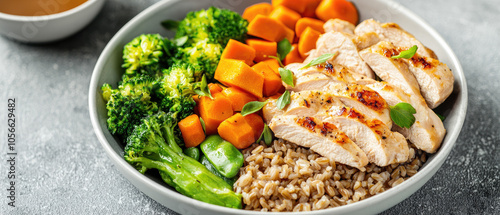 Grilled chicken with steamed vegetables and grains in a bowl, healthy meal on a gray background.