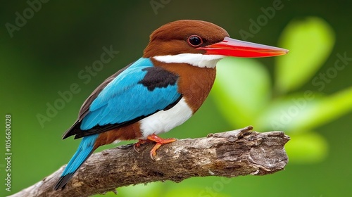 Vibrant Kingfisher Perched on Branch with Lush Green Background in Natural Habitat