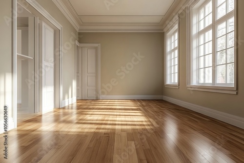 A large room with white walls and wooden floors. The room is empty and has a clean, minimalist look photo