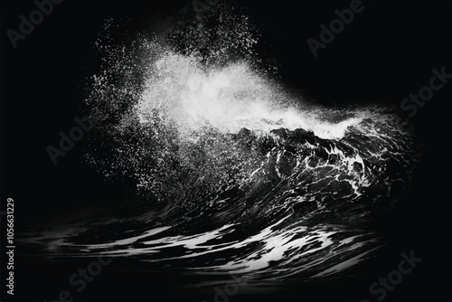 Breaking ocean wave isolated on dark background. Surf wave. Black and white illustration	