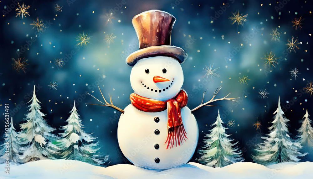 A cheerful Christmas background featuring a snowman wearing a colorful scarf and a top hat, with snowy surroundings and festive decorations. The scene is perfect for a holiday postcard, evoking warmth A cheerful Christmas background featuring a snowman wearing a colorful scarf and a top hat, with snowy surroundings and festive decorations. The scene is perfect for a holiday postcard, evoking warmth