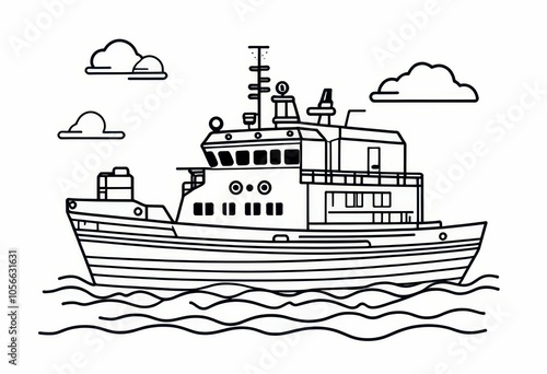 Sea ship, coloring book. Black and white illustration