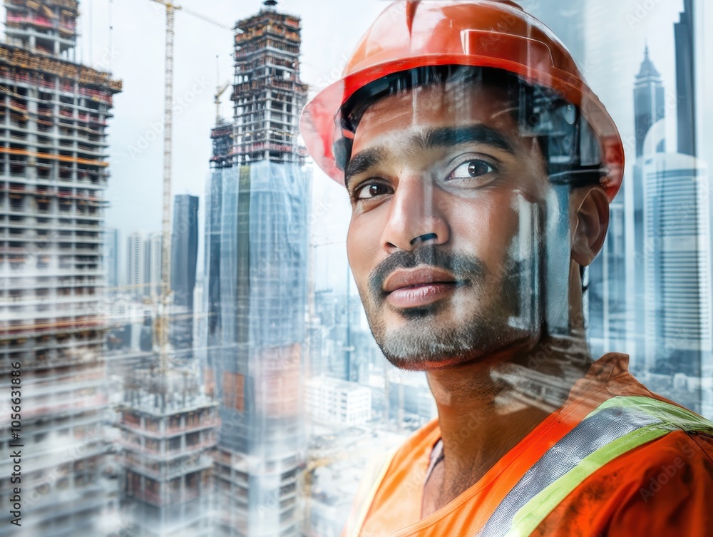 Creative portrait of a construction worker amidst the cityscape, blending the worker's hardhat and uniform with the backdrop of buildings under construction to showcase the industry's dynamic nature. Creative portrait of a construction worker amidst the cityscape, blending the worker's hardhat and uniform with the backdrop of buildings under construction to showcase the industry's dynamic nature.