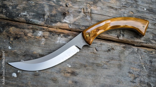 A curved knife is elegantly tilted at a 45-degree angle, showcasing its sleek and sharp design. The knife features a polished blade that reflects light, highlighting its craftsmanship.  photo