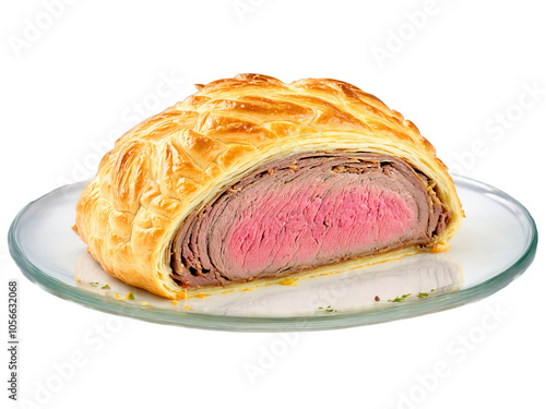 Beef wellington golden pastry outside sliced to show the tender meat inside on a transparent photo