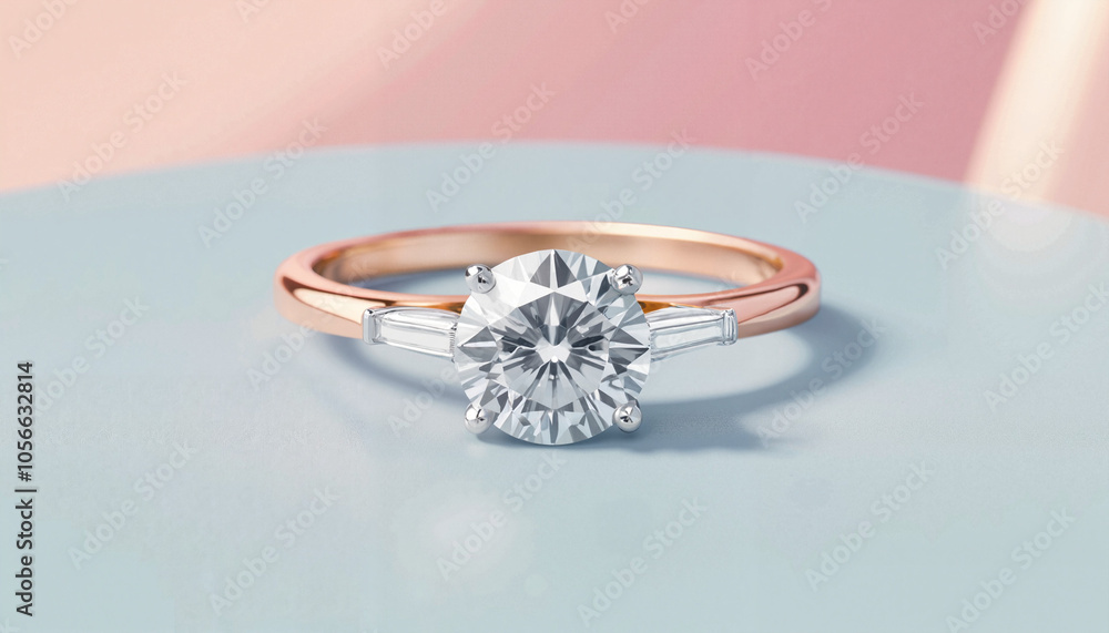 Diamond engagement ring with rose gold band on pastel background Diamond engagement ring with rose gold band on pastel background