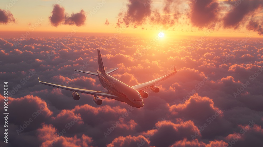 Commercial airplane flying above dramatic clouds during sunset. Commercial airplane flying above dramatic clouds during sunset.