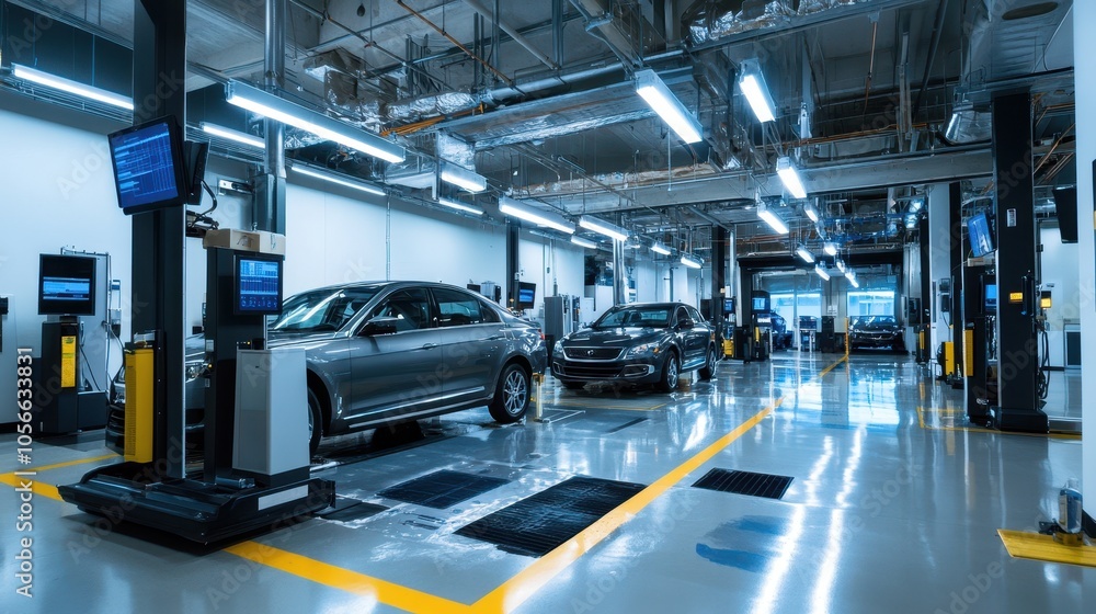 Obraz premium Automotive workshop with hands-on emissions testing training, regulatory guidance, and compliance procedures for inspectors in a modern facility
