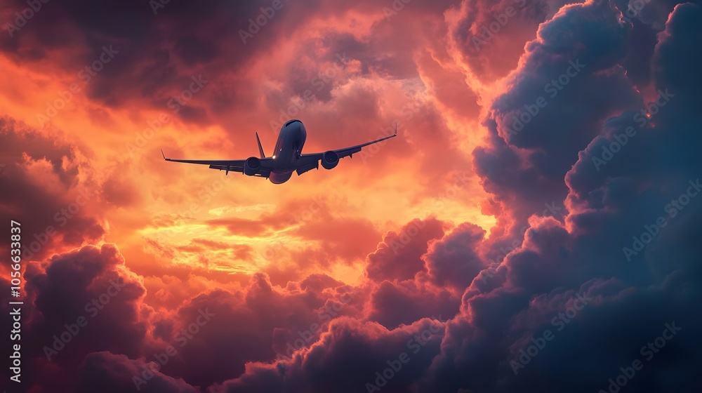 Naklejka premium Commercial airplane flying above dramatic clouds during sunset. 