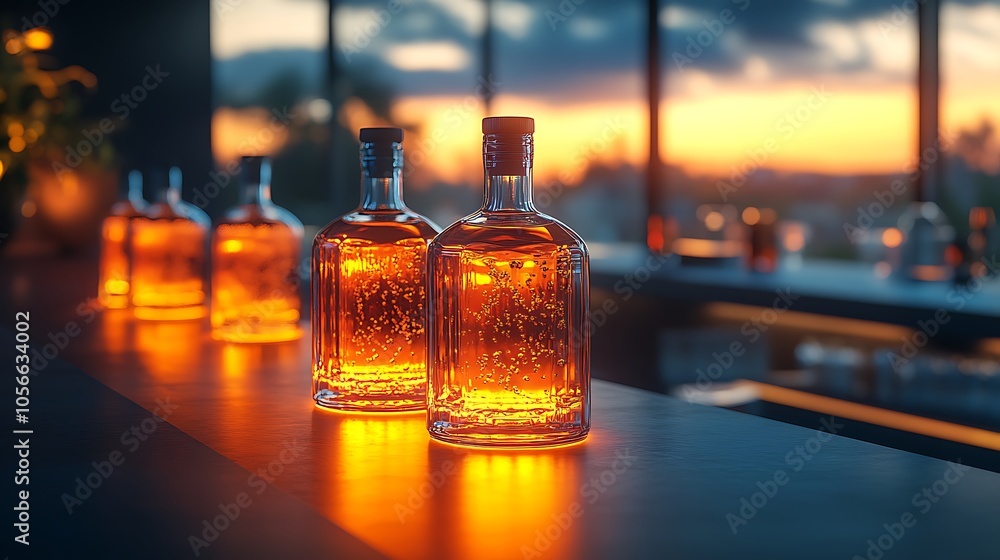 Elegant glass bottles of spirits illuminated images Elegant glass bottles of spirits illuminated images