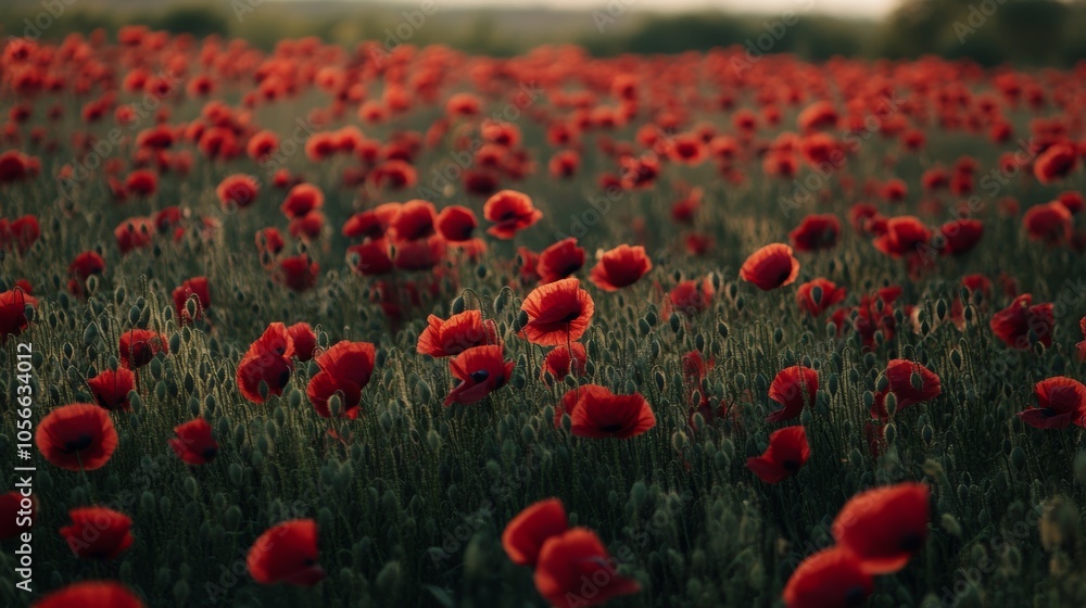Fototapeta premium Beautiful Field of Red Poppies in Full Bloom at Sunset with a Soft Focus Background