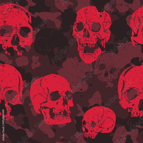 Seamless red grunge vector camouflage pattern with human skulls incorporated