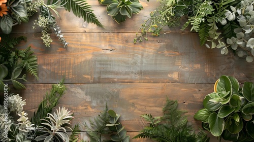 A rustic wooden background framed by various greenery and succulent plants, perfect for nature-themed designs and projects.