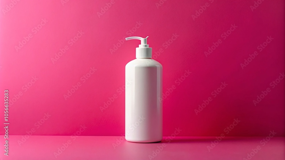 A minimalist aesthetic is achieved through the stark contrast of a white shampoo bottle against a soft pink background. A minimalist aesthetic is achieved through the stark contrast of a white shampoo bottle against a soft pink background.
