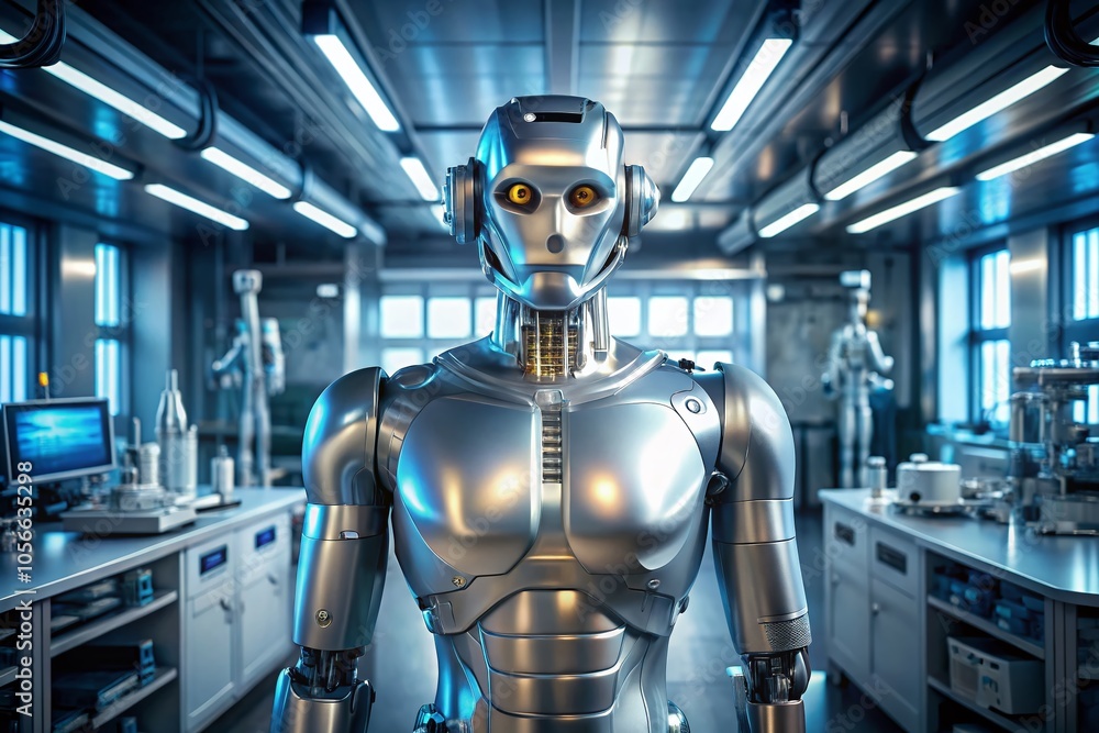 A miniature lab thrums with life as a towering robot stands guard. A miniature lab thrums with life as a towering robot stands guard.