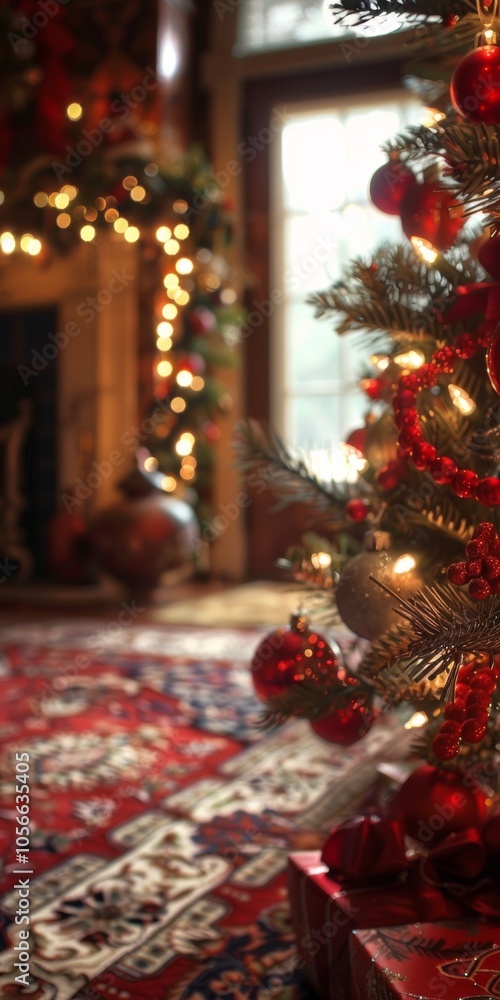A Christmas tree with red ornaments and lights is in a room. The room is decorated with a red carpet and a fireplace A Christmas tree with red ornaments and lights is in a room. The room is decorated with a red carpet and a fireplace