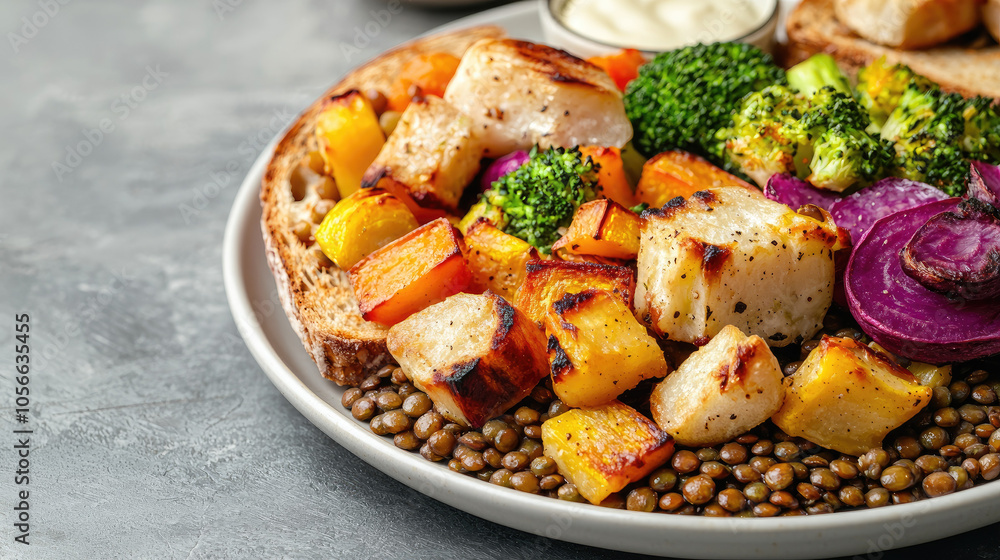 Delicious grilled chicken and vegetables served on a bed of lentils, garnished with sauce. Delicious grilled chicken and vegetables served on a bed of lentils, garnished with sauce.