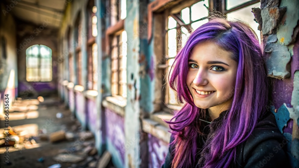 Fototapeta premium A nose ring glints, urban explorer's smile framed by daring purple hair.
