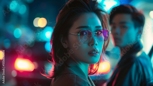 Beautiful Asian woman and a handsome Asian man forming a trendy modern couple outdoor with a luxury car like in a movie at night going out in a bustling city photo