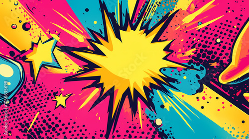 Vivid comic book pop art pattern featuring dynamic explosions, bright lightning, and energetic beams showcasing a vibrant color palette in a playful design. Comic Book Pop Art. Illustration