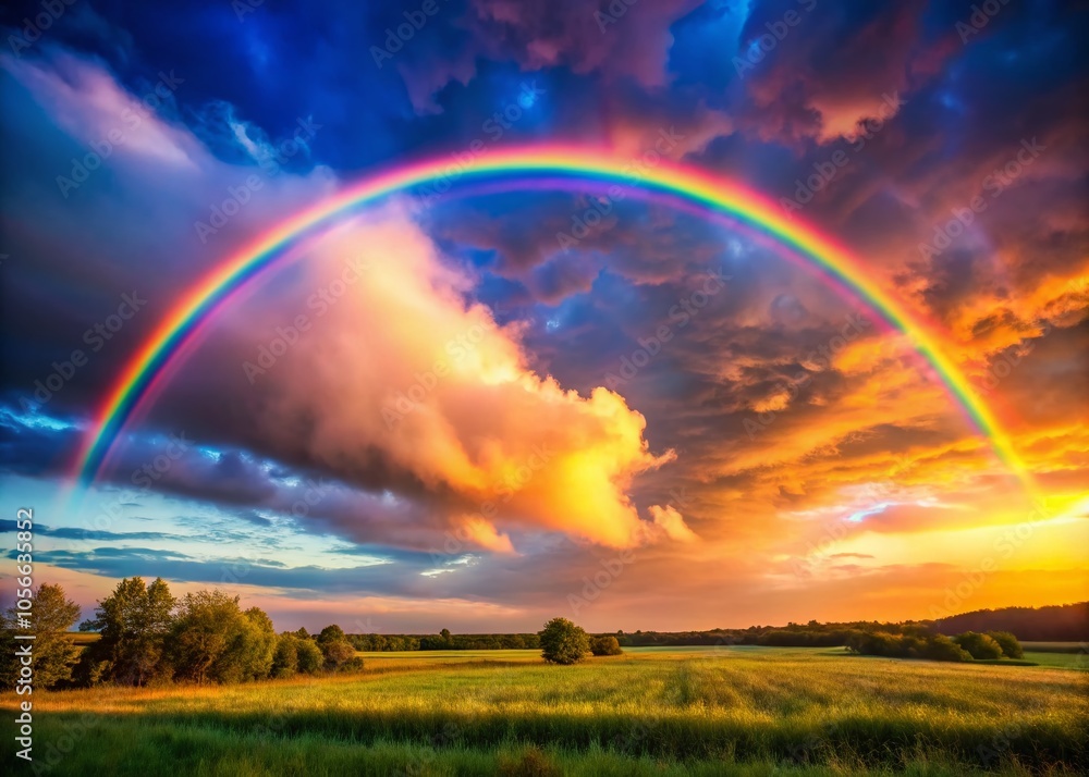 A post-rain sky, ablaze with color, as a rainbow graces the fading sunset. A post-rain sky, ablaze with color, as a rainbow graces the fading sunset.