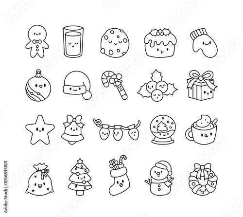 Christmas holiday kawaii icons bundle with festive characters and cute decorations for winter illustrations